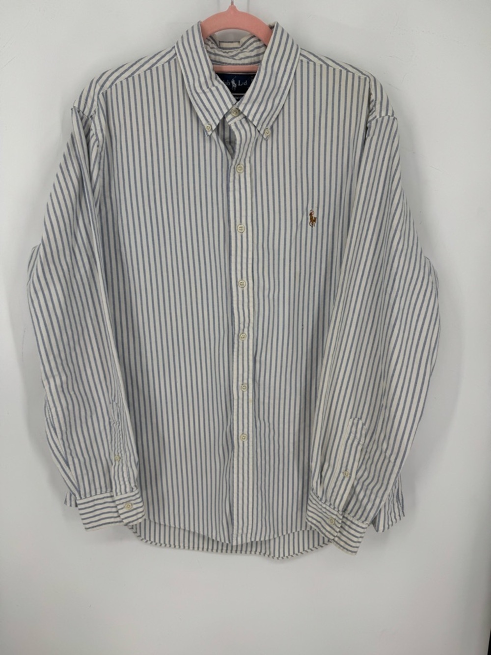 Ralph Lauren Men's White + Blue Striped Button-Down Worn In Shirt Size XL